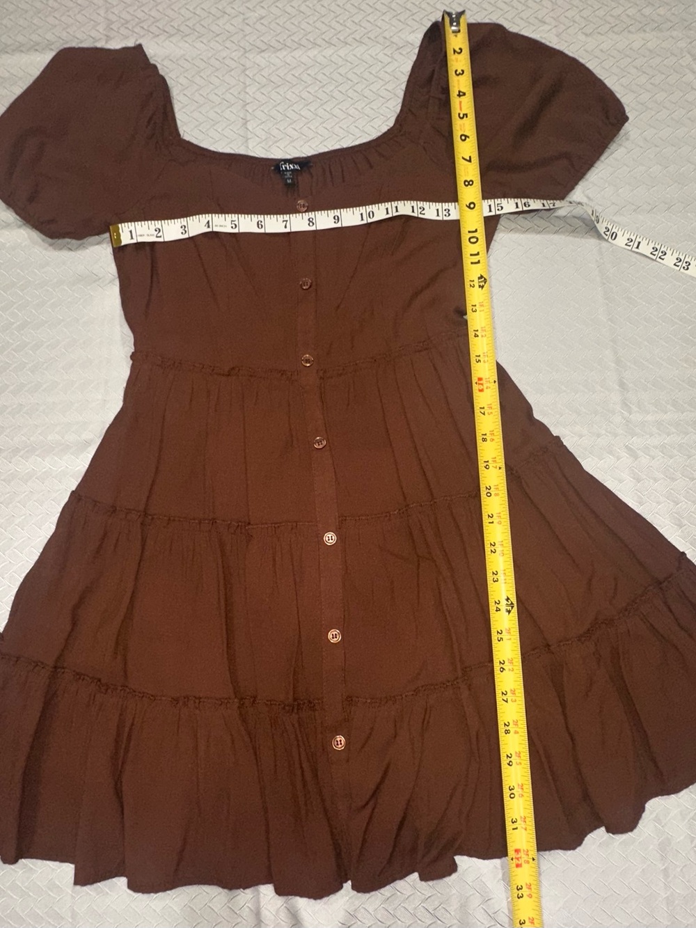 Trixxi Chocolate Brown Button-Front Tiered Puff Sleeve Dress